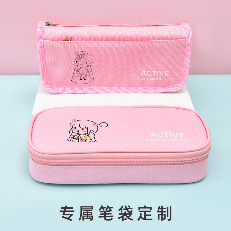 Personalized pencil bag custom simple children's canvas Korean version large-capacity pencil bag primary school students multi-functional double-layer stationery bag