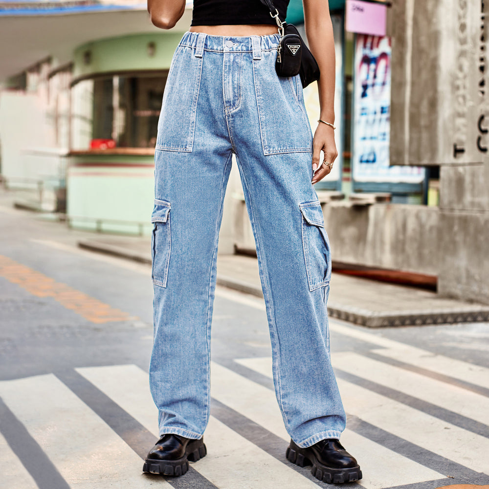 American retro european and american cross-border  new washed semi-elastic design stylish denim workwear casual pants for women