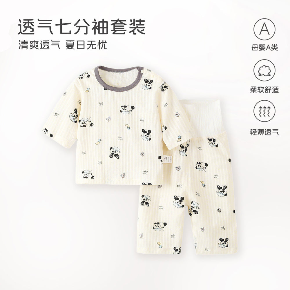 Baby pajamas pure cotton thin kids home clothes summer boys and girls three-quarter sleeves air-conditioning clothes high waistseparatessuit