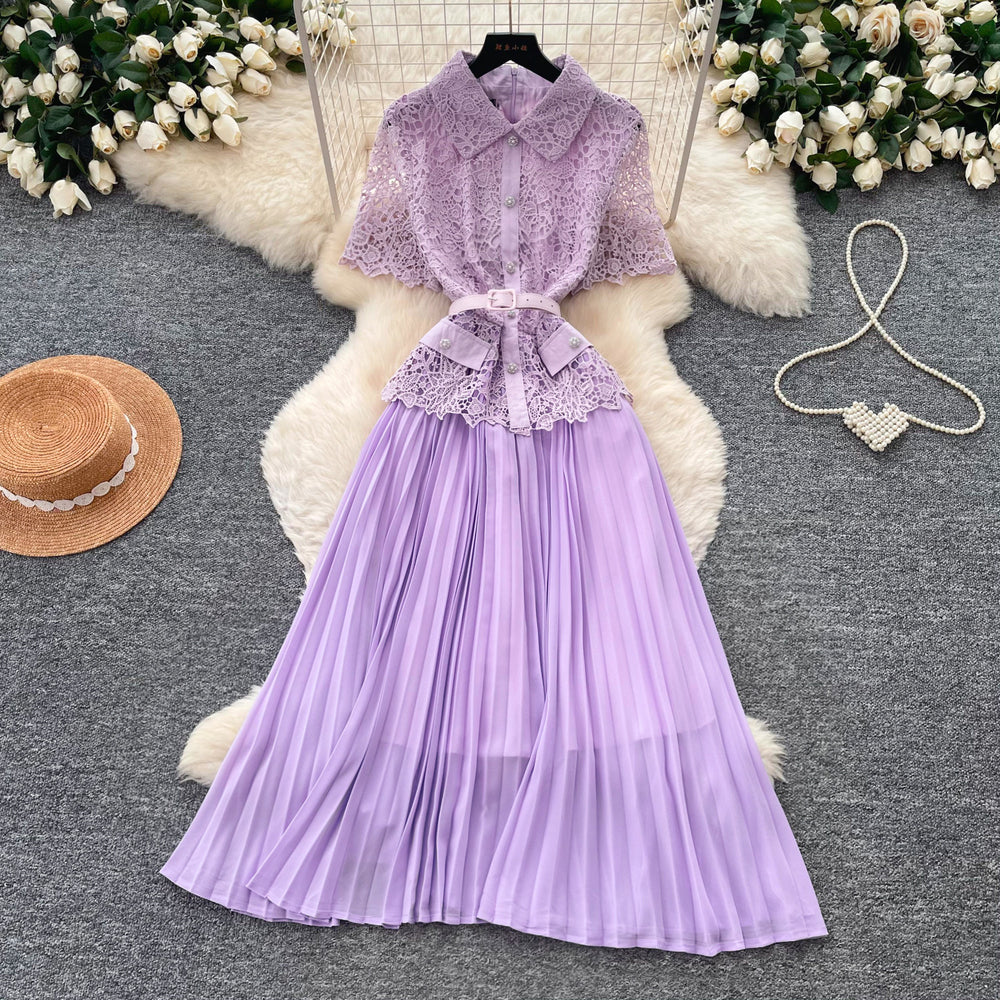 Elegant lace-trimmed a-line midi dress - summer slimming pleated maxi dress for women - chic & professional