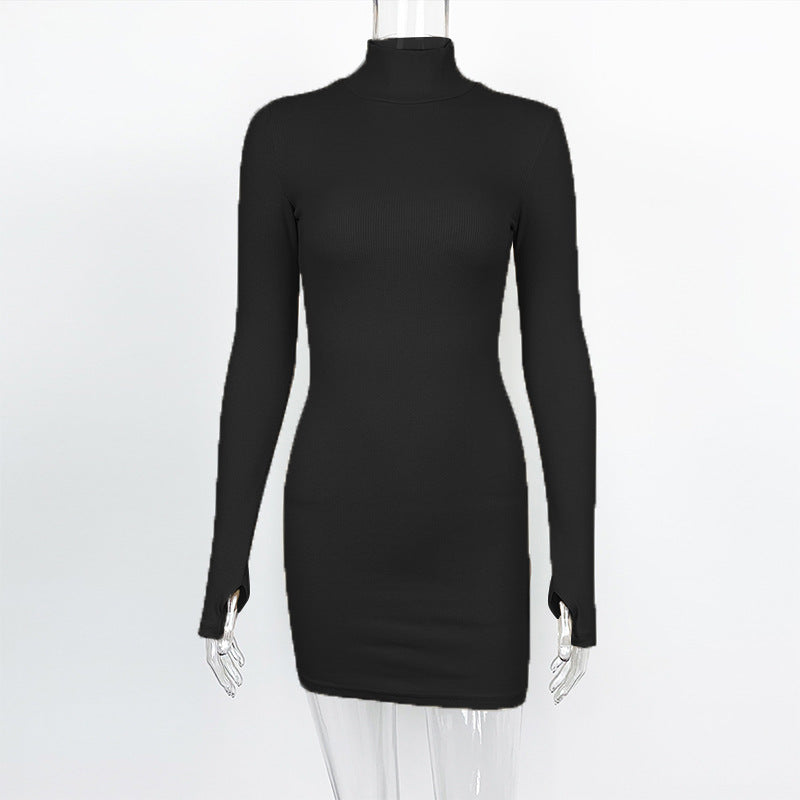 2025  spring new women's clothing European and American sexy tight and thin hip skirt threaded long-sleeved turtleneck dress