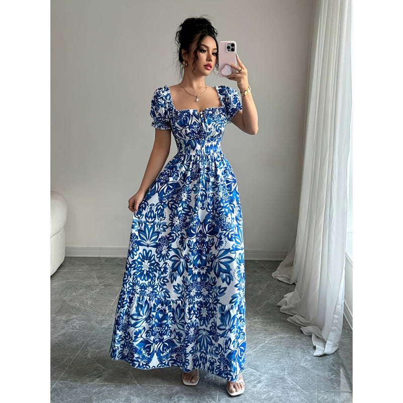 Women's summer printed bubble sleeve tie-front shirred waist maxi dress - perfect for vacation and date night