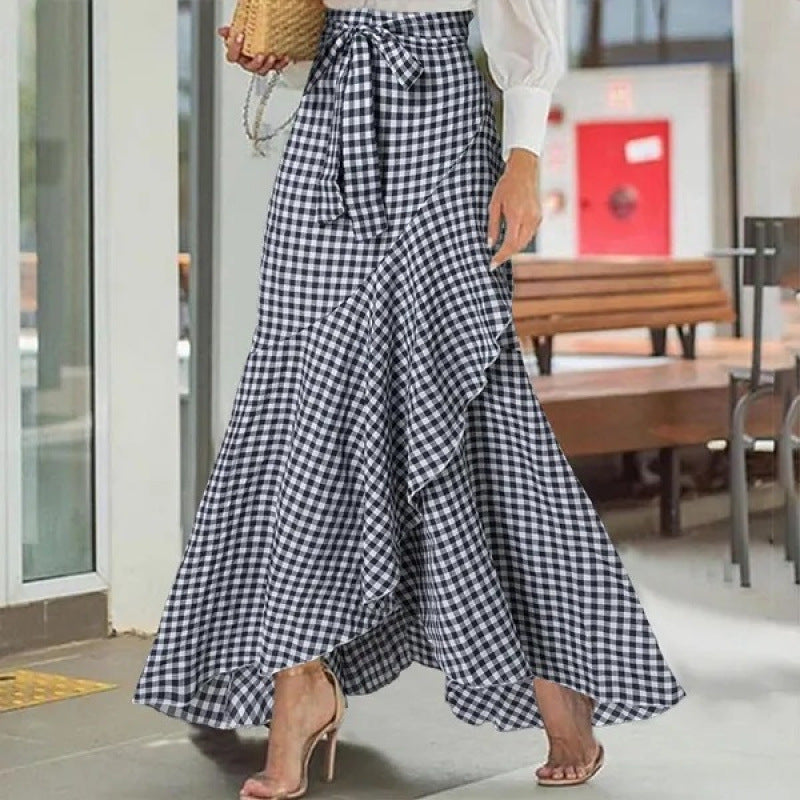 women's plaid mermaid skirt rufflesasymmetrical hemhigh waistcasual umbrella wrap long skirt