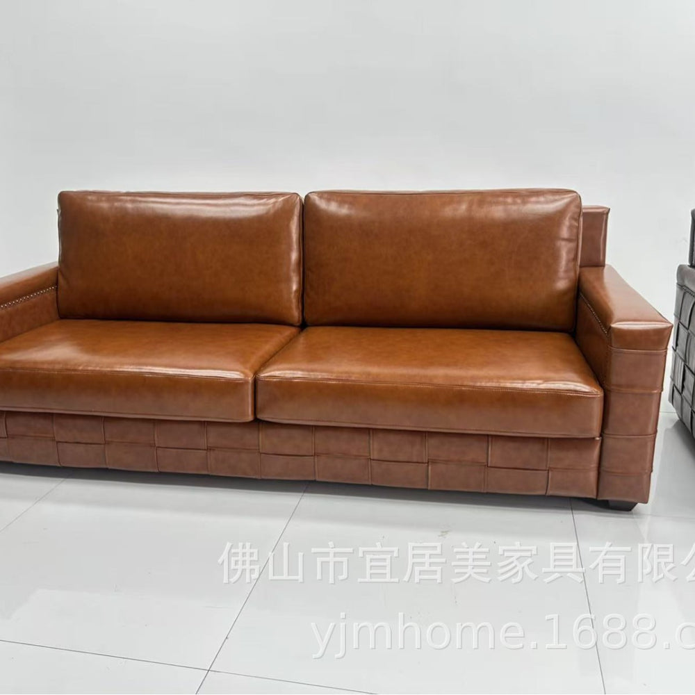 Vintage-style oiled leather checkered sofa, retro leather art sofa, designer living room straight three-seater sofa