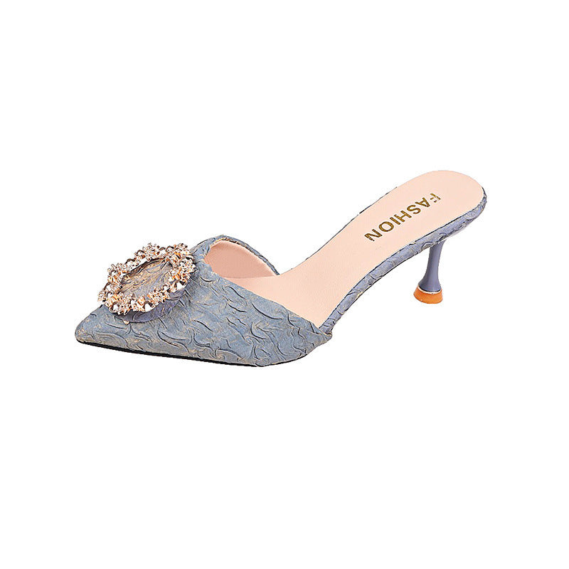 Women's summer outdoor slippers, 2023 new french style rhinestone high heel mules, stiletto heel closed-toe sandals, black