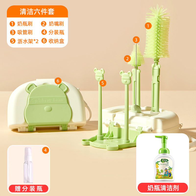 Baby bottle brush cleaning refresh newborn portable drain rack pacifier brush straw brush silicone cleaning brush suit