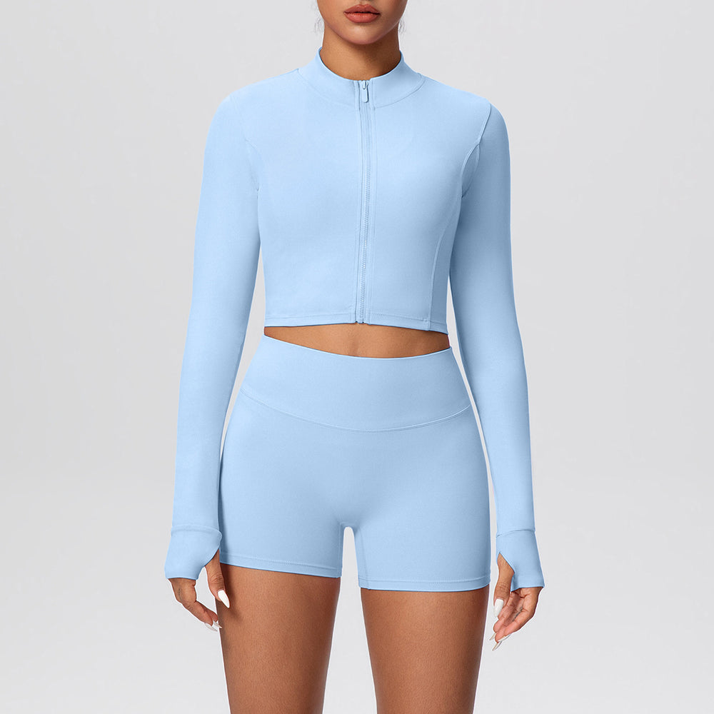High-waisted, butt-lifting, form-fitting athletic shorts with a zip-up outer layer – a barely-there, casual running and fitness outfit set, perfect for yoga