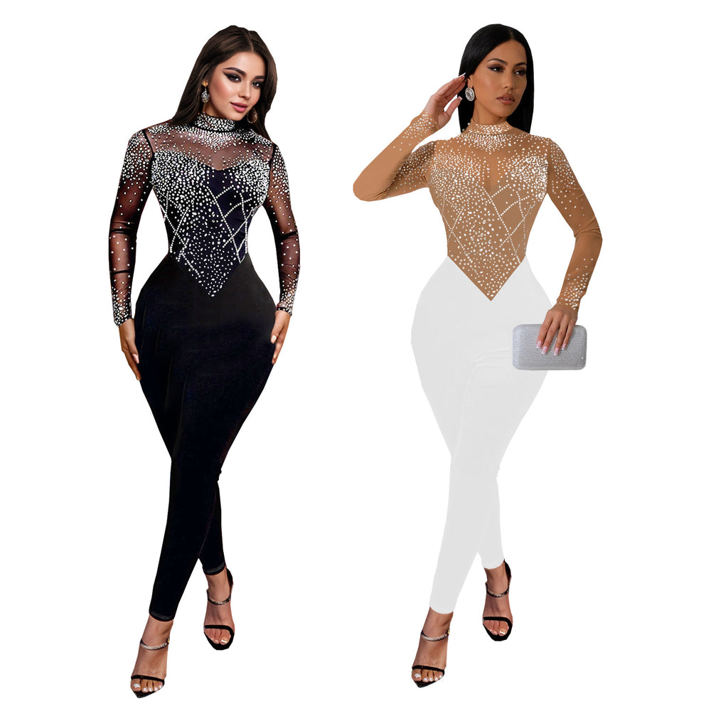 C7137 cross-border   fashion women's sexy mesh rhinestone textured banquet jumpsuit