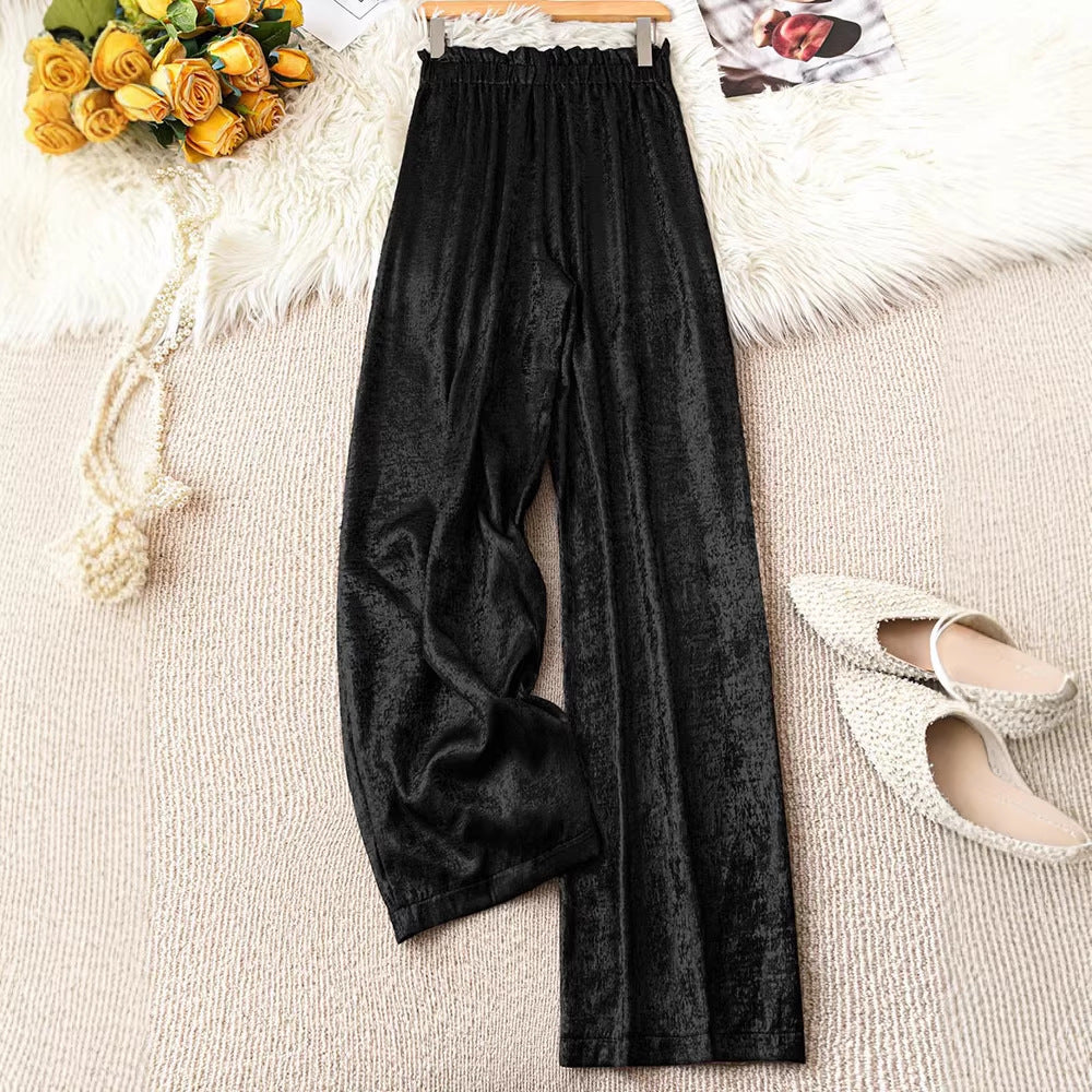 Amazon cross-border foreign trade spring & fall elastic waist gold wide-leg pants pleated loosestraight-leg pants women's slimming lookcasual