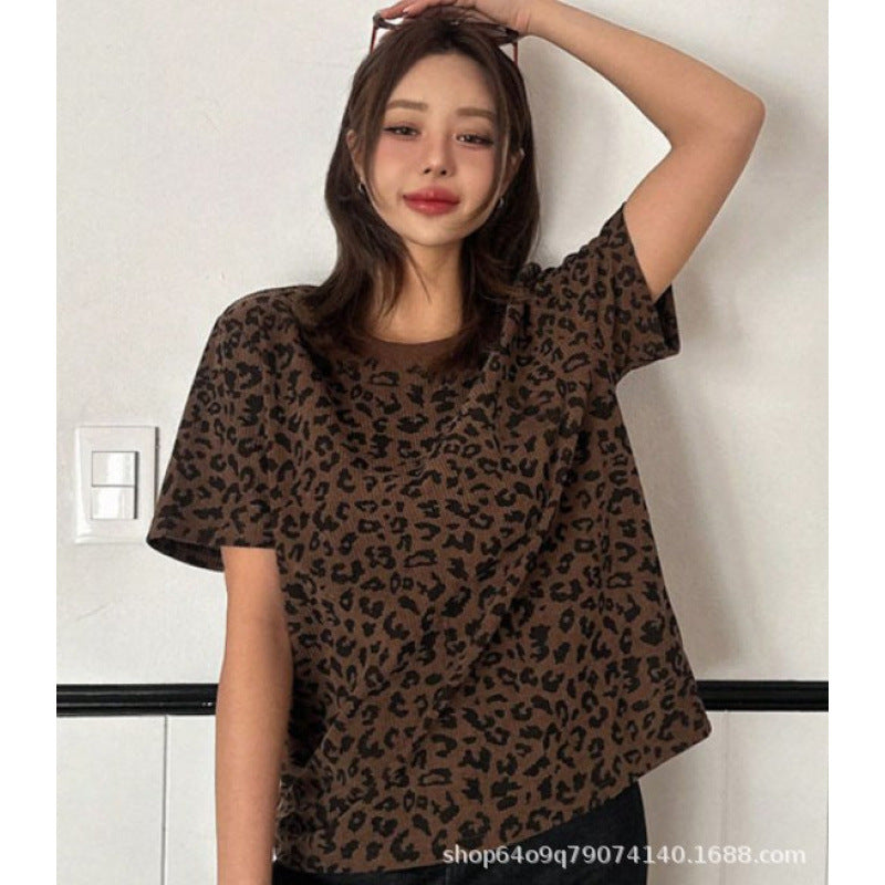 summer y2k leopard print crew neck short sleeve top - women's slim fit sexy beauty loose casual slimming t-shirt