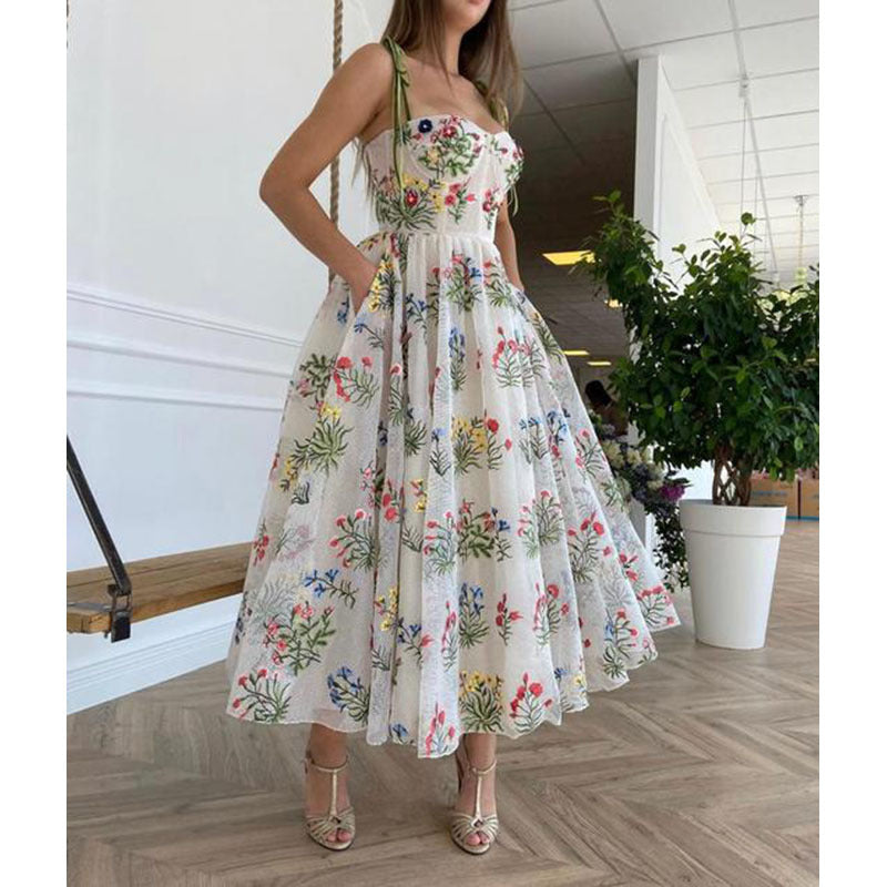 new european and american cross-border women's fashion: cinched waist, sexy criss-cross strappy backless slip dress with embroidered detailing - spring maxi dress