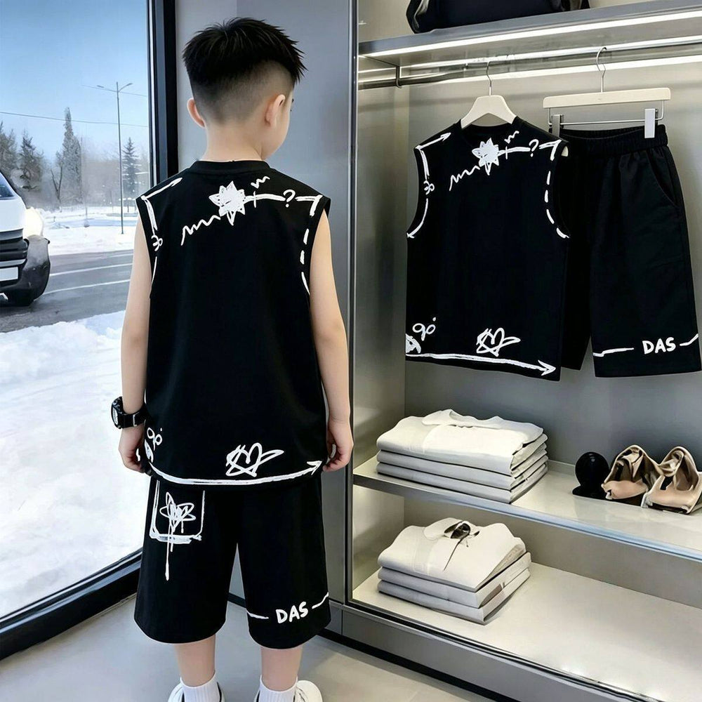 Kids' vest set:  new summer collection for boys - stylish sleeveless outfit for mid-to-large children, trendy two-piece summer set