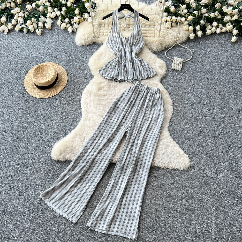 Vacation style halter strap vest high waistloose pantstwo-piece set women's summer silm style atmosphere fashionsuit