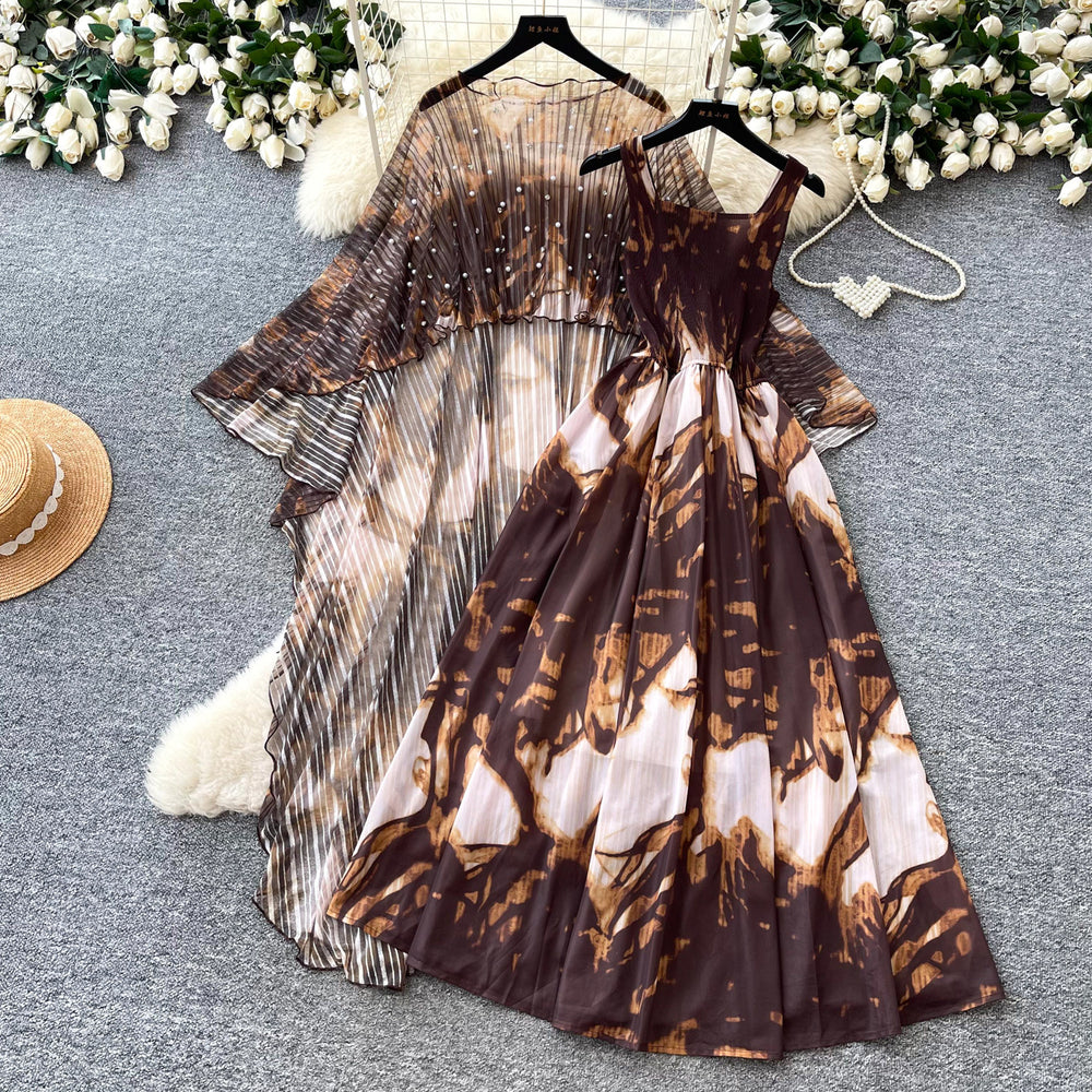 French riviera style printed dress - women's three-quarter sleeve, slim-fit, two-piece summer set with beaded detailing - elegant & professional