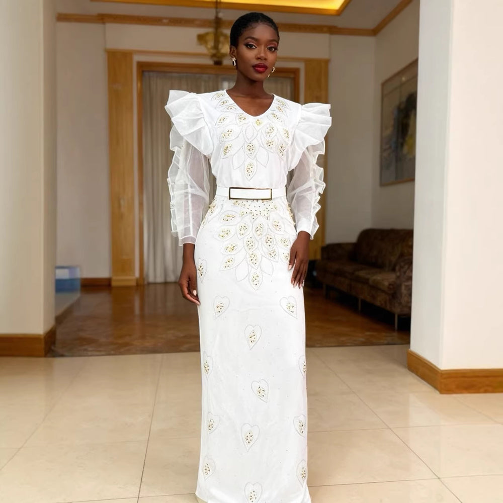 New fashion slim-fit african cross-border supply: rhinestone & beaded organza ruffle sleeve evening dress/gown
