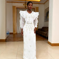 New fashion slim-fit african cross-border supply: rhinestone & beaded organza ruffle sleeve evening dress/gown