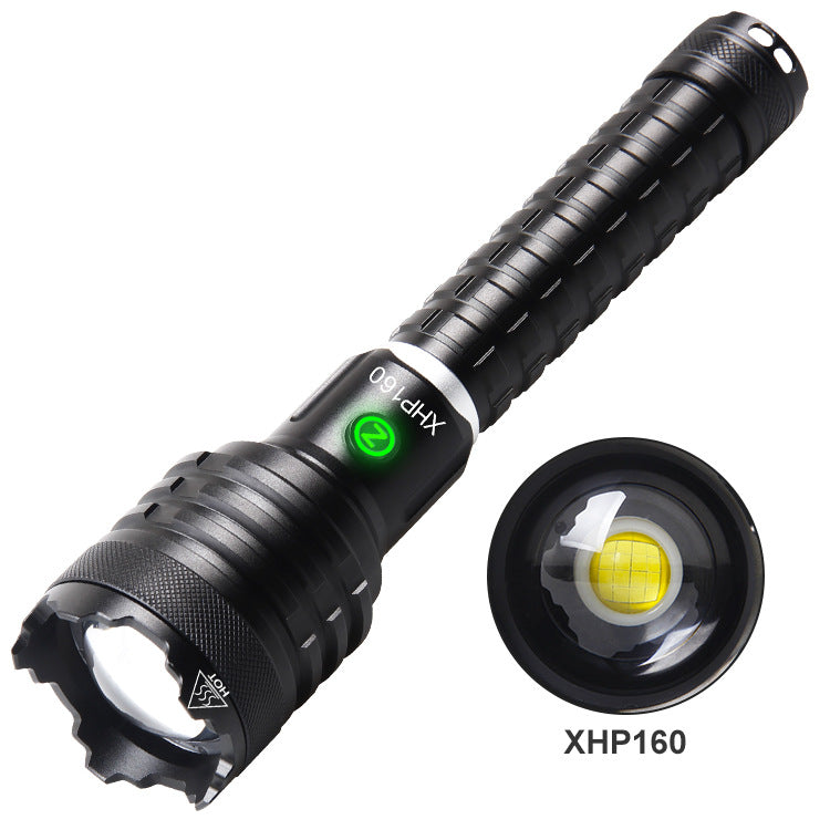 Cross-border new XHP-160 strong light Type-c charging port power display output telescopic zoom LED flashlight