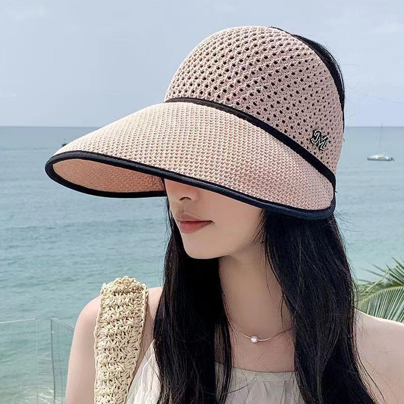 Summer new big brim, small face can be tied ponytail sun hat, face covering sun hat, straw woven hollow hat