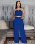 Amazon fashionsexy color matching chest wrap decorative buttons straight-leg high waist wide-leg women's pants suit