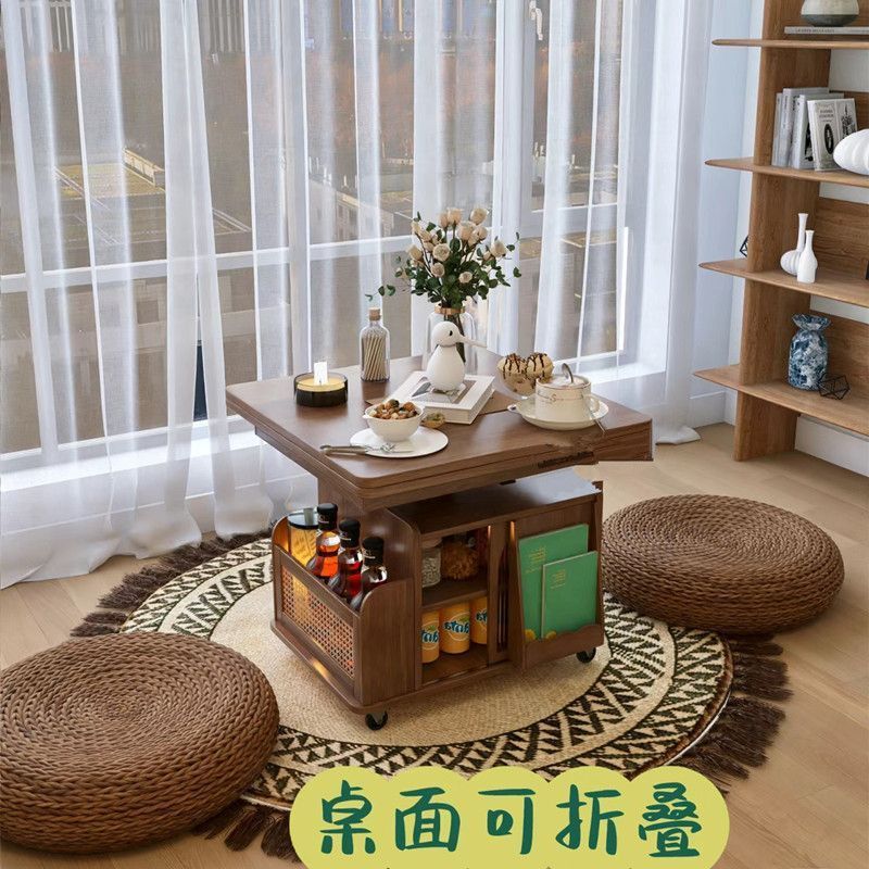 Solid wood modern adjustable height coffee table mobile cart folding dining table dual-purpose tea table multifunctional living room sofa side table