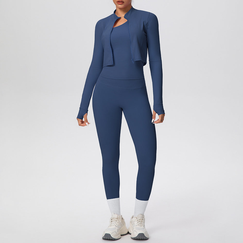 Cloud-feel quick-dry zip-up jacket high-waisted yoga leggings set - outdoor casual running fitness activewear 3-piece set