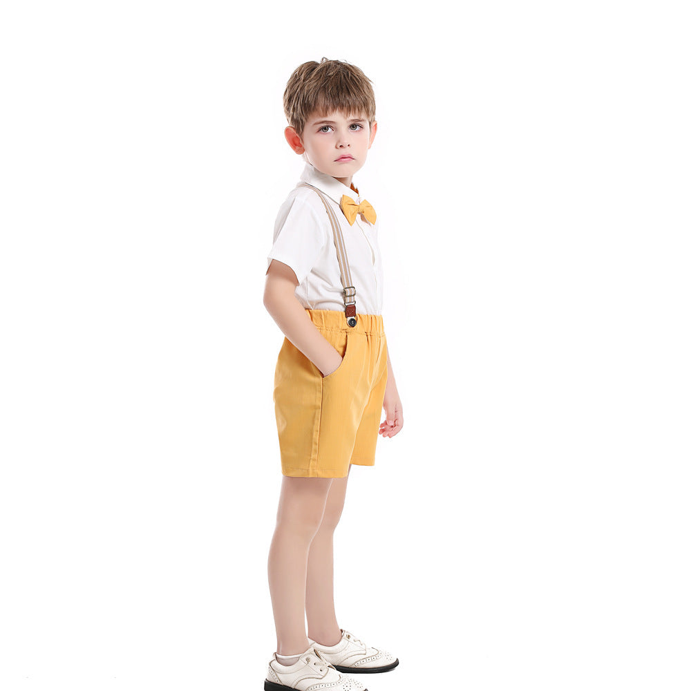Kids' summer outfit set: boys' short-sleeve white shirt, host/flower boy dress, performance costume, children's clothing