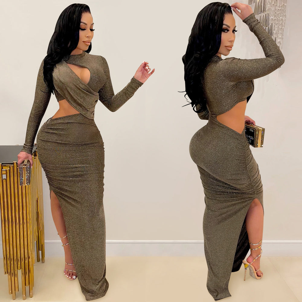 C5550 summer new european and american  cross-border fashion long sleeve sexy hollow-out slit maxi dress for women