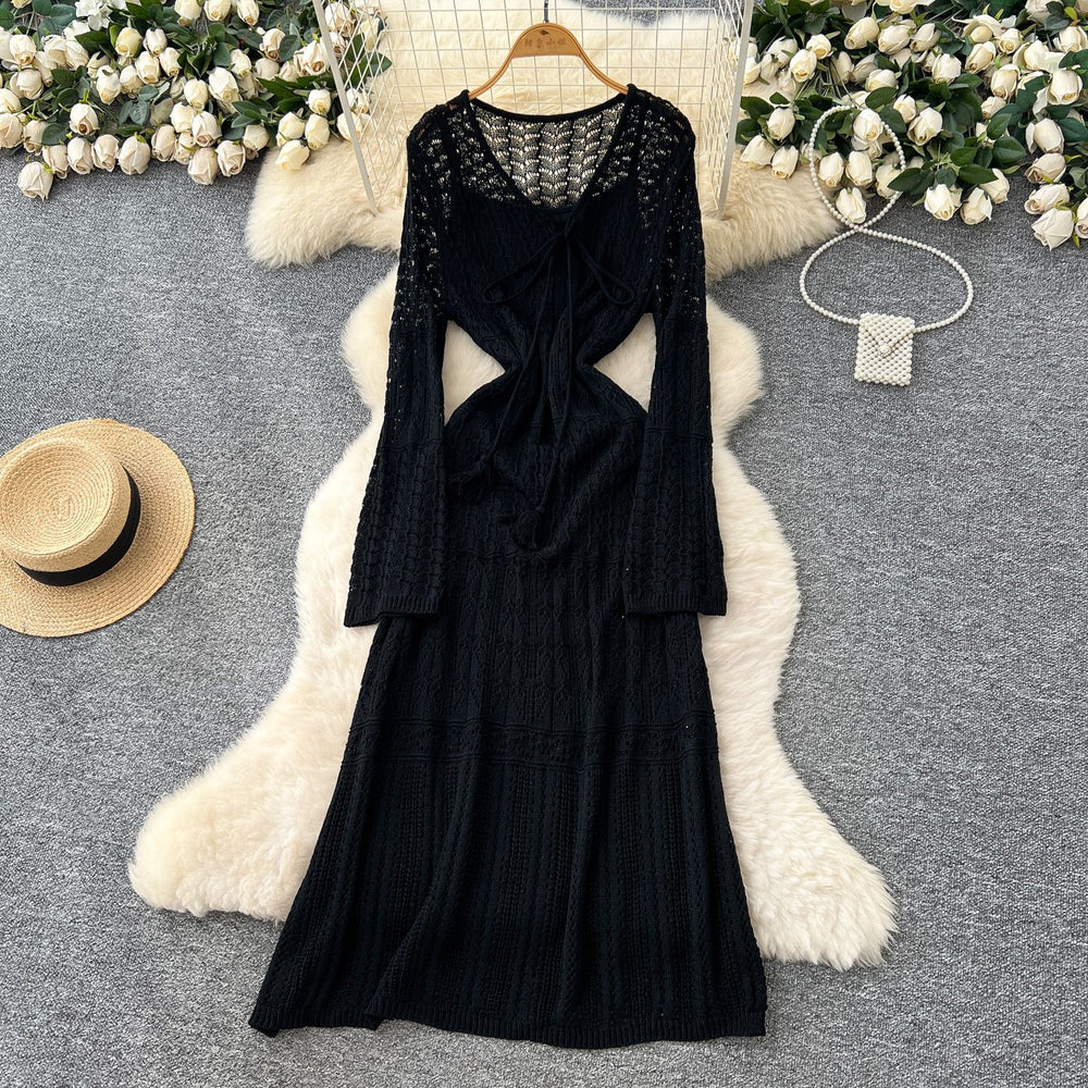 Korean chic sweet & gentle style hollow-out crochet lace-up v-neck long sleeve knitted dress - women's high-end maxi dress