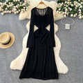 Korean chic sweet & gentle style hollow-out crochet lace-up v-neck long sleeve knitted dress - women's high-end maxi dress
