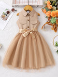 Girls' (sizes) solid color sleeveless turn-down collar mesh dress with woven belt