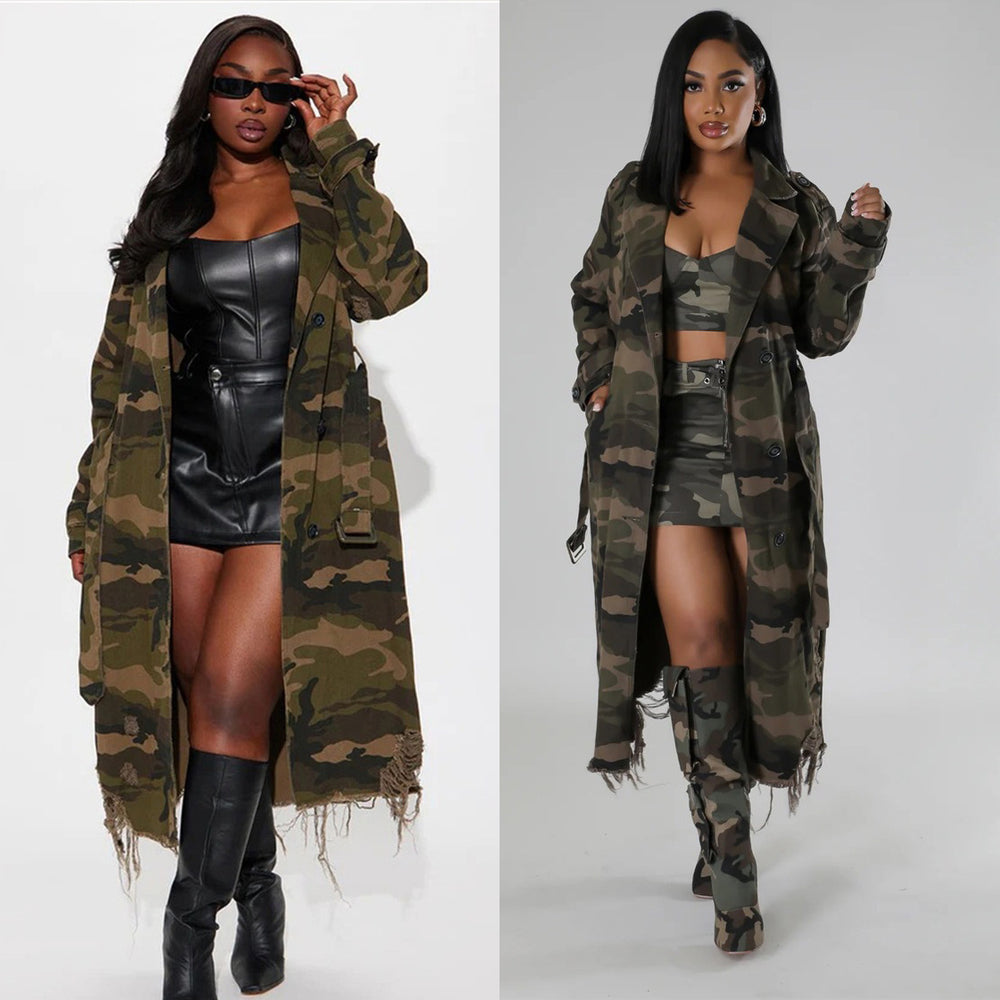 S391323 cross-border fashion independent station  european and american women's clothing ripped personalized camouflage long windbreaker outwear
