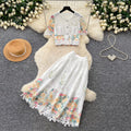 High-end, chic, and luxurious two-piece set:  summer new arrival - embroidered water-soluble lace top and high-waisted midi skirt for women