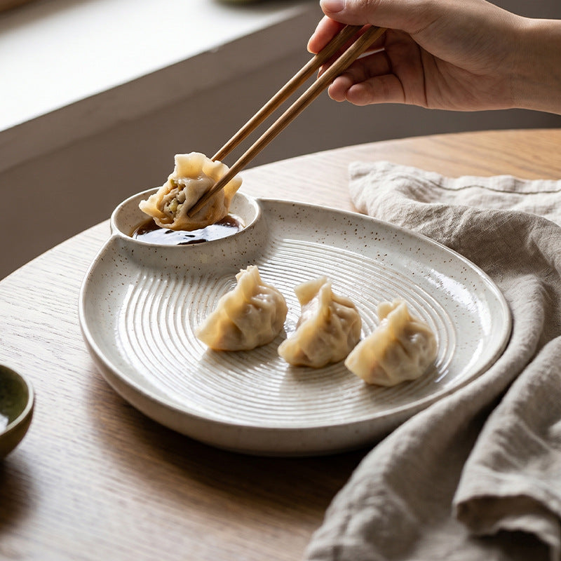 Japanese style stylish ceramic dumpling plate for home dinner plate with dipping grids divided plate restaurant clay thread dumplings