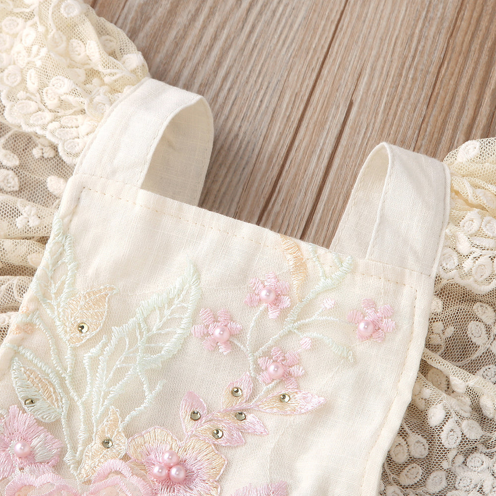 European and american style cross-border new children's clothing short climbing lace mesh flying sleeves tie back embroidered beaded pearl climbing jumpsuit