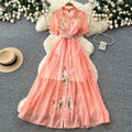 Elegant bubble sleeve floral embroidered dress - korean style, cinched waist, a-line silhouette, soft & chic, perfect for work