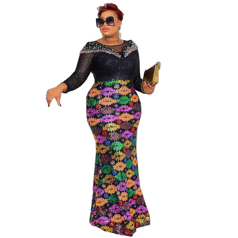 Special offer: new fashion african-inspired long sleeve sequin evening gown - women's slim fit mermaid dress (non-cross border supply)