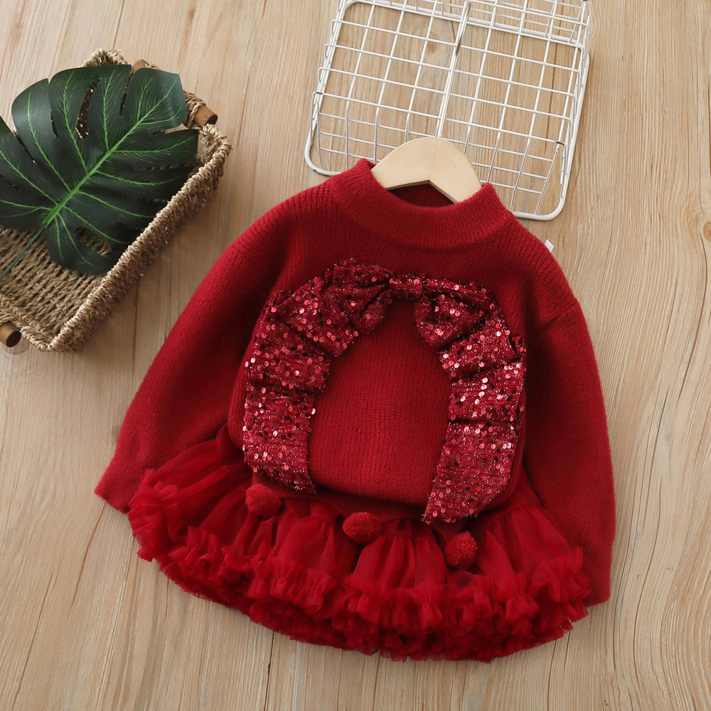 fall/winter new girls' sweater and tutu skirt set - handmade floral knit puffy skirt outfit for little girls