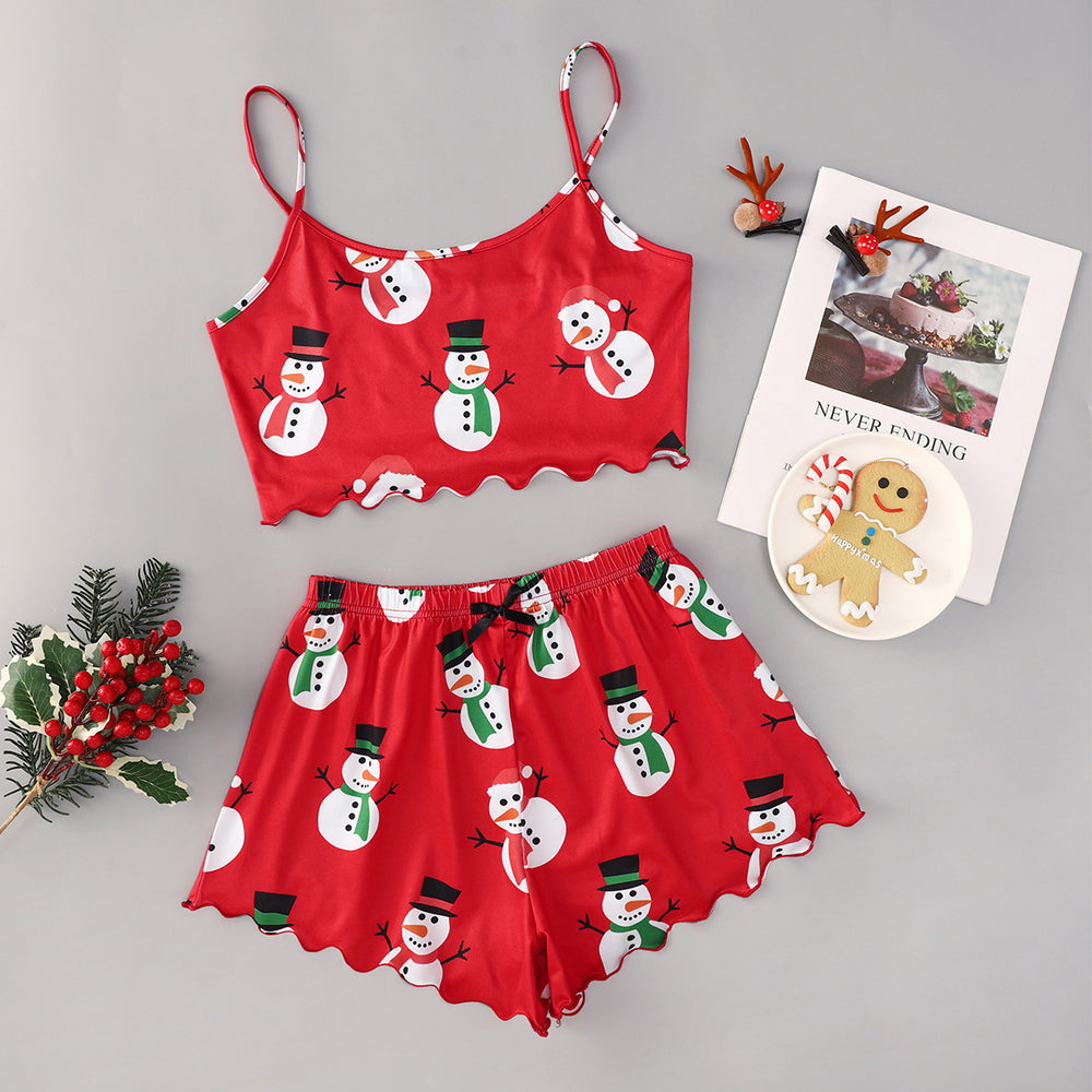hot-selling christmas european and american style thin pajamas simple printed suspender milk silk shorts sexy two-piece set
