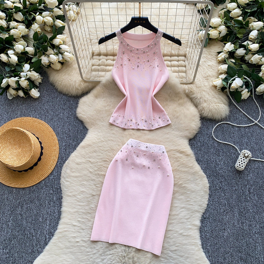 Export cross-border hot diamond halterneck vest hip-covering short skirt knittingtwo-piece set female summer silmsexyelegantsuit
