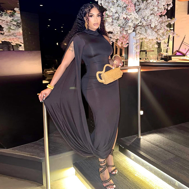 European and american style cross-border women's slimming elegant asymmetrical neckline banquet design bodycon dress with tie-up sleeveless solid color dress