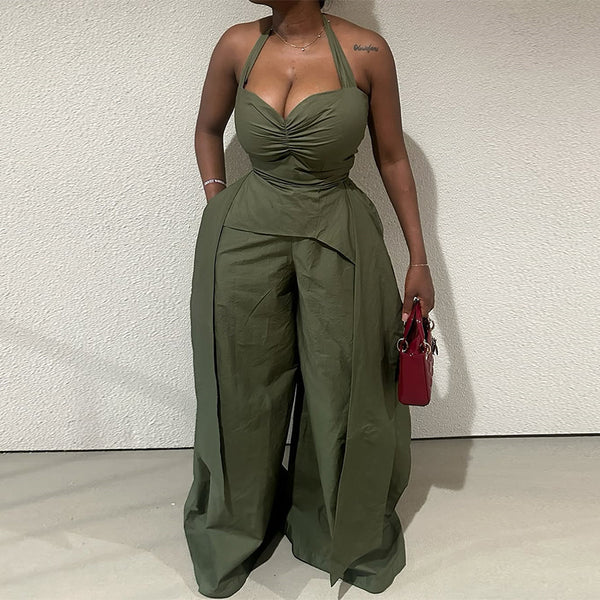 European and American  women's clothing 2025 summer sexy neck V-neck irregular sleeveless high-waisted streamer jumpsuit trousers