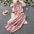 export retro print shirt & high-waisted wide-leg pants two-piece set - women's autumn/spring commute chic casual outfit