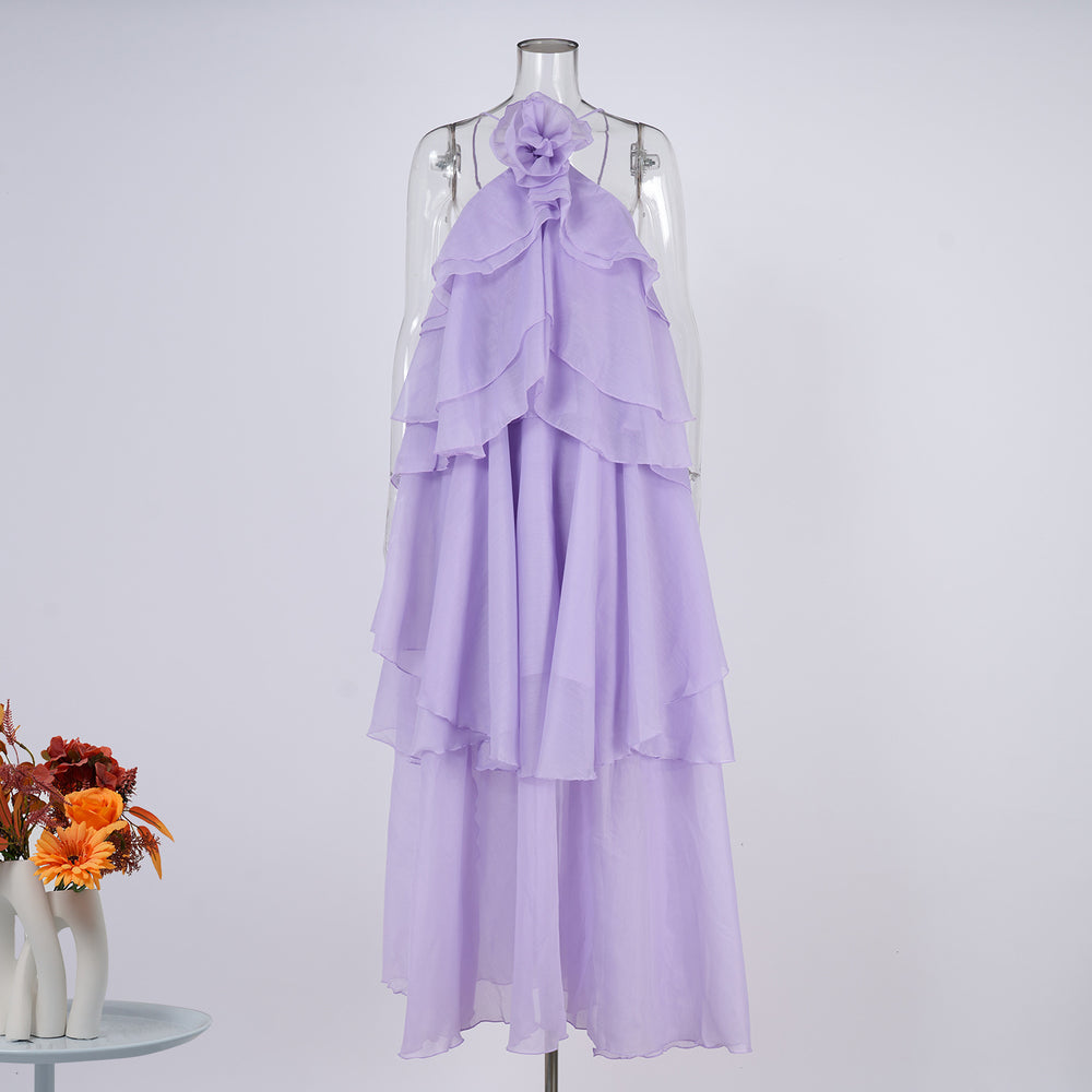 Export cross-border stereo flower decoration large backless halterneck dress holiday style rufflesclassy sense elegance long skirt