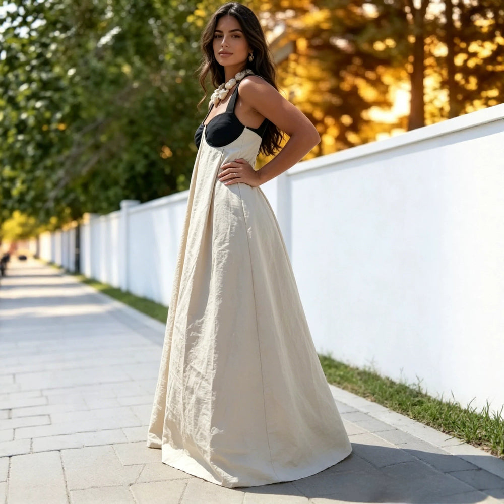 spring european and american cross-border casual and lazy style trendy wide shoulder strap contrast color tube top suspender large swing long skirt
