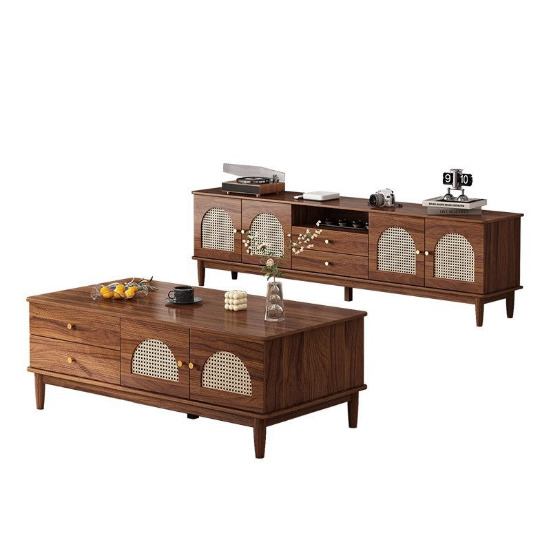 Retro rattan solid wood frame TV cabinet household coffee table combination small apartment living room storage locker integrated new model