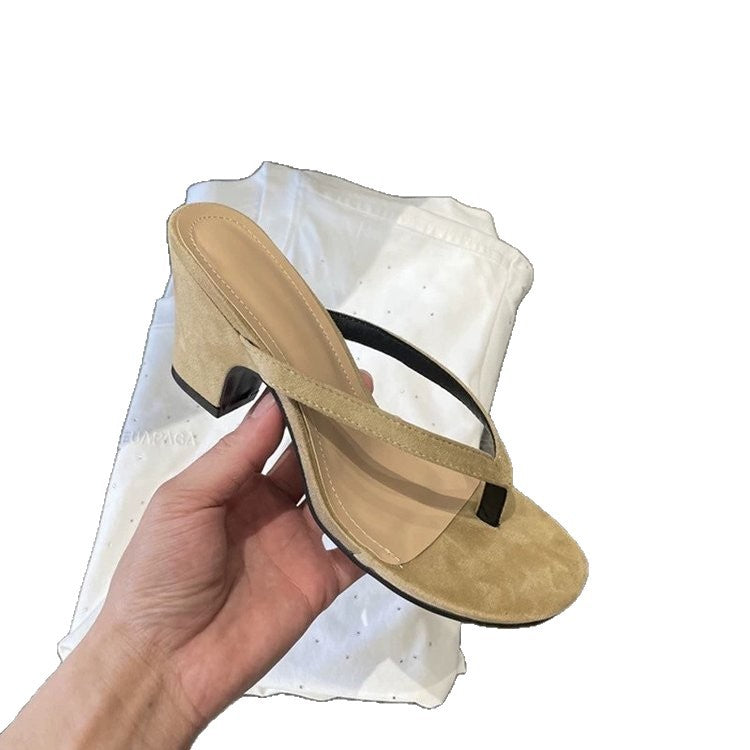 2025 new french retro high-end heeled women's thong sandals - fashionable summer chunky heel outdoor slides