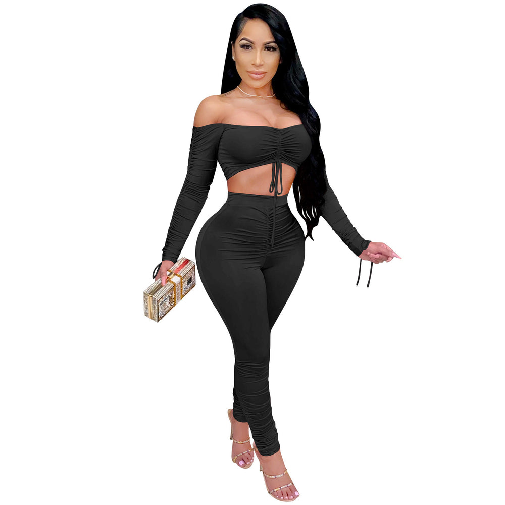 C3715 special offer: no returns or exchanges. please purchase with care. cross-border fashion women's two-piece set with ruched sleeves and tie detail