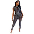 C6781 cross-border   fashion women's solid color mesh rhinestone sleeveless pants jumpsuit