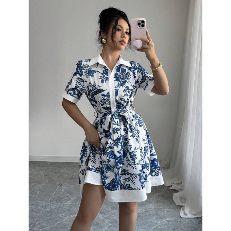 Ready stock  new arrival: minimalist chic tie-waist printed short-sleeve dress