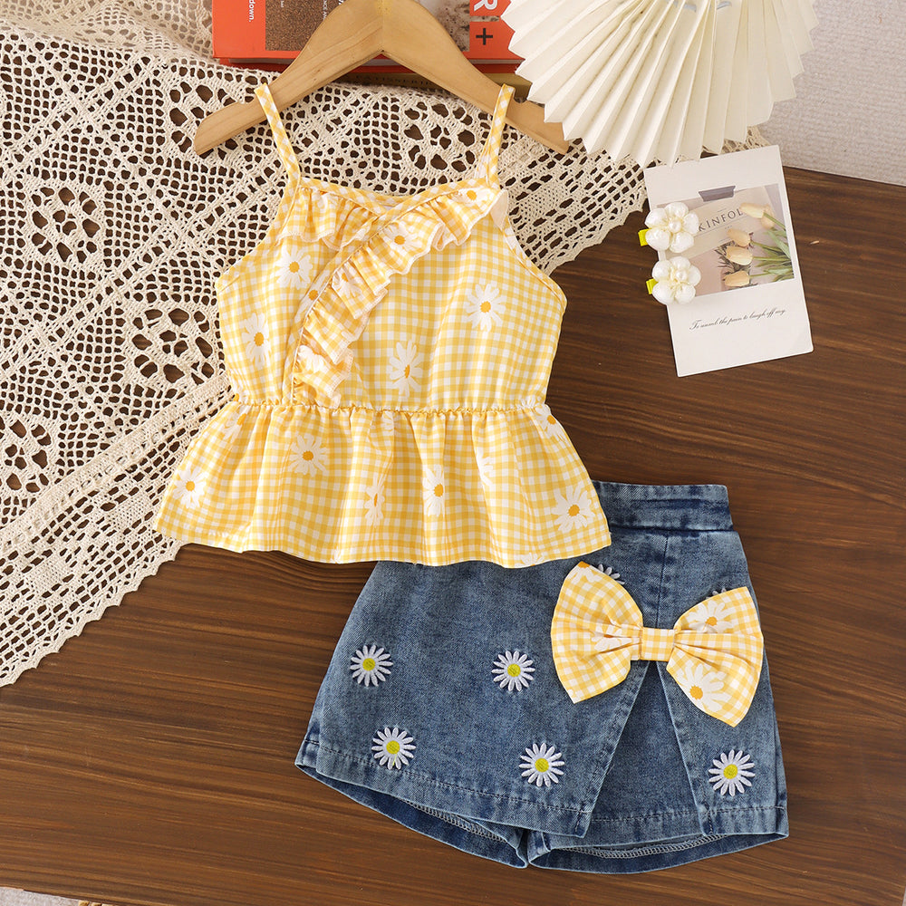 Baby clothing kids set children outfit multi-color suspender tops+blue short
